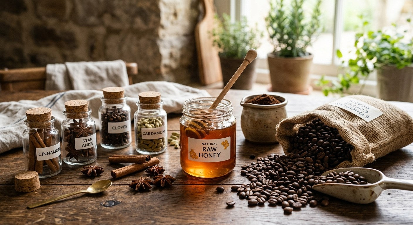 Bhar Top pantry spread — raw honey, cinnamon, star anise, cloves, cardamom and Ethiopian coffee beans on a rustic wooden table